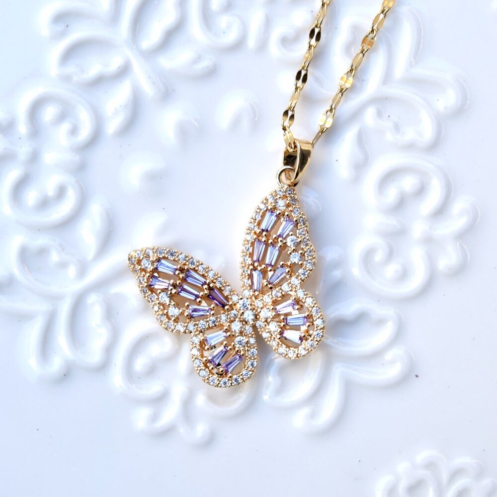 Purple Crystal Butterfly Necklace - Stainless Steel Necklace